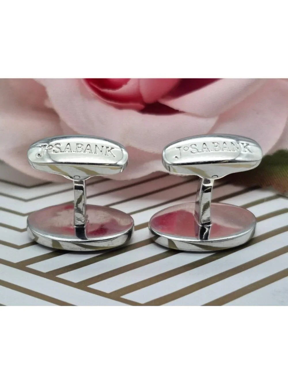 Jos A. Bank Mens Silver Tone Cufflinks Striped Red & Black Oval Design